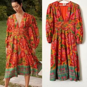 Farm Rio MEDIUM colorful floral linen blend midi dress